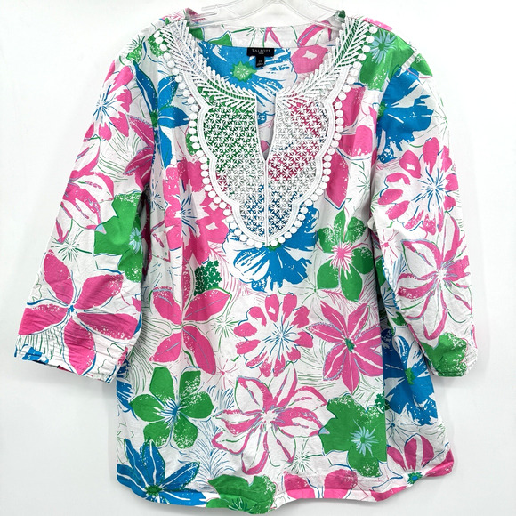 Talbots Colorful Floral and Lace Blouse Size 2X Pink Blue White Cotton Retro - Picture 1 of 10